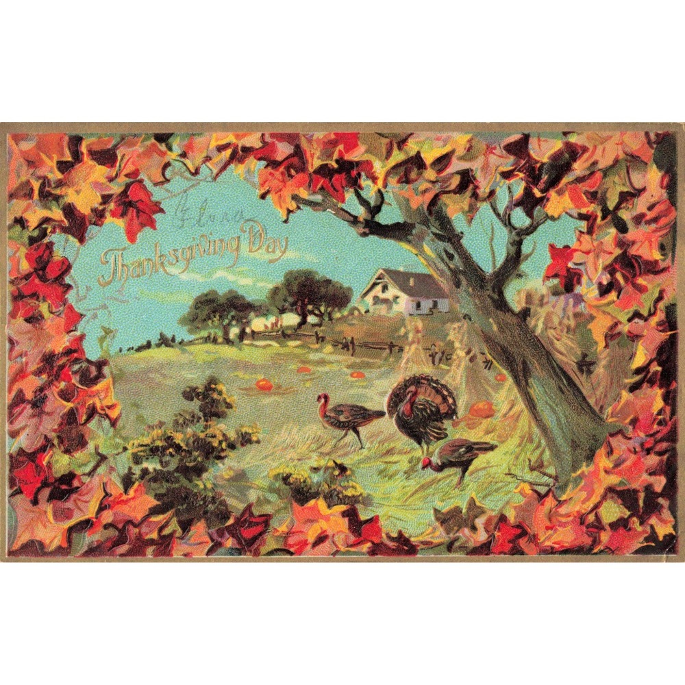 Thanksgiving Day Postcard RPPC Style Turkeys Farmhouse Autumn Leaves VG